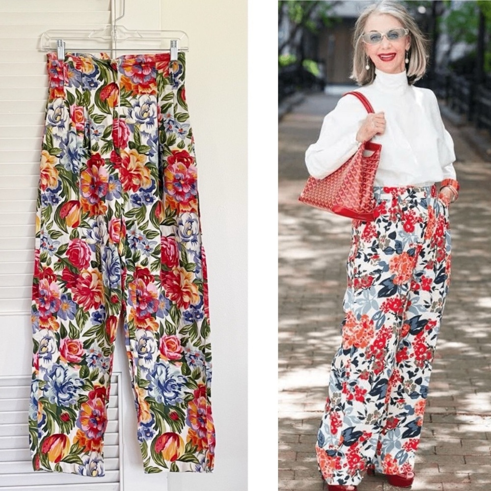 Vintage 90s Floral Cotton High-Waisted Trousers